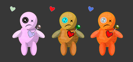 vector set of different colors cute cartoons rag voodoo dolls with pins in there heart; broken heart unrequited love illustaion; love spell card illustrations; magic isolated game icons; voodoo objectのイラスト素材