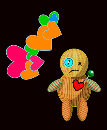 Cartoon voodoo doll character with rag heart pierced by metal pinのイラスト素材