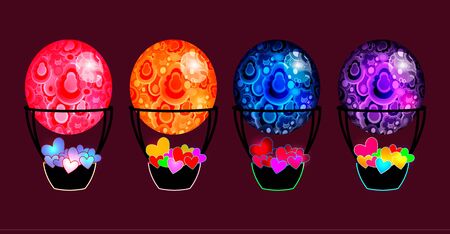 vector set of isolated icons; precious texture polish air balloons with valentine's hearts in baskets; balloon basket full of stylized flat paper heart; malachite color balloons bring the hear symbolsのイラスト素材