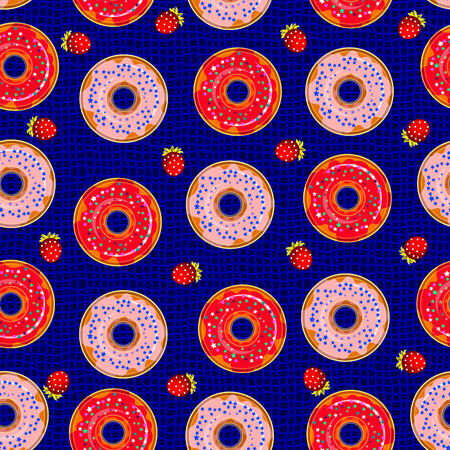 Vector seamless pattern with flat pink glazed donuts and red raspberry isolated on blue; fried delicious seamless decorate for cards, web, textile design.のイラスト素材