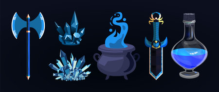 A set of fantasy items. Props for witchcraft. Axe, crystals, cauldron, dagger, potion bottle. Ritual weapons, blue boiling var, bubbling elixir. Vector game graphics. mobile game iのイラスト素材