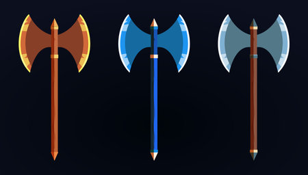 A set of colorful fantasy axes. Axes made of different metals. A magical game weapon. Blue, gold, steel blade, inlaid blades. wooden handles. A set of icons, props.のイラスト素材