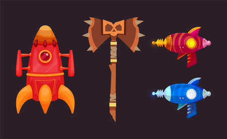 A set of items for a mobile game. Prehistoric earth, cartoon style. Ancient ax, alien house, fantastic blasters. Vector flat graphics, mobile application design. Future, past, casのイラスト素材
