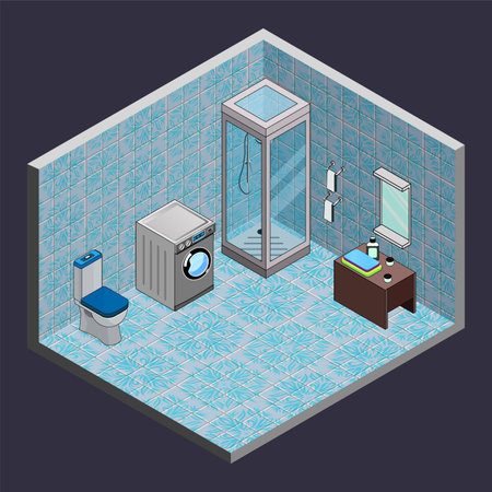 vector illustration with an isometric interior. bathroom with patterned tiles, shower, washing machine, mirror, table. Beautiful blue room. Scalable items, a set of furniture.のイラスト素材