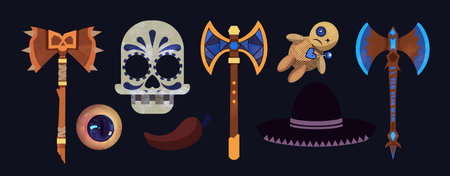 A set of icons in the flat style. Folk culture, national, magic, rituals. Skull, axes, chili pepper, voodoo doll, hat, eye. Necromancy, black magic, set of items. Fantasy objectsの写真素材
