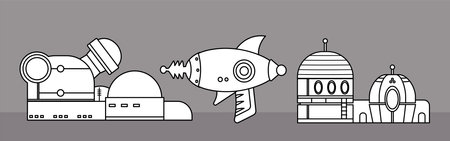 a set of futuristic space icons. black and white line flat graphics. Sci-fi weapons, observatory, planetary station. science fiction, science, exploration of the universe. casualのイラスト素材