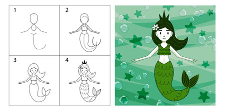 Step-by-step explanation with pictures. How to draw a mermaid. Cute children's drawing, coloring book with a magical underwater character. An illustration for a drawing tutorial.のイラスト素材
