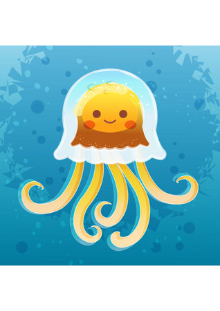Cute cartoon jellyfish on a sea background. Vector illustration.の写真素材