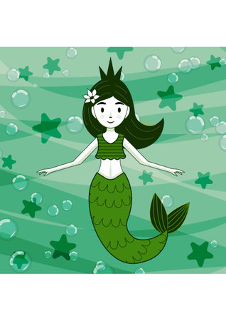 Raster copy of vector image of a girl with a fish tail. A mermaid with green hair. A simple flat image, a child's character. sea maiden, a character of legends and myths, a fairyの写真素材