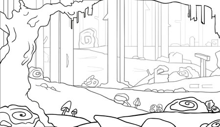 Vector sketch of a cartoon forest. Pointer, druid stones with spirals, old oaks, mushrooms. Fantasy picture, black and white, background for a game, cartoon, the basis of conceptのイラスト素材