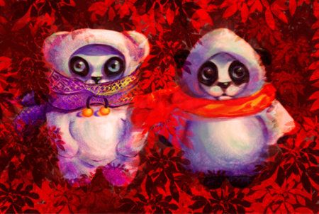 Toy pandas disguised as ghosts. Halloween polar bears. Funny children's illustration. Pandas disguise themselves as white bears.の写真素材