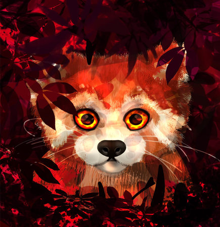 Funny digital illustration, red panda in bushes with red leaves. Cartoon animal, Japanese animal. An illustration.の写真素材