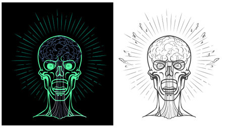 A set of vector images. An illustration. Brain explosion. Information attack, war, reaction. News, doomscrolling, caricature.のイラスト素材