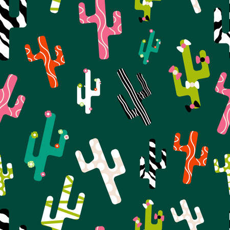 seamless pattern with colorful patterned cactus on one color background