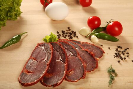 Turkish bacon, pastrami ( kayseri pastirma ) Fresh sliced pastramiの写真素材