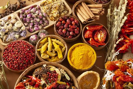 Various dried medicinal herbs. Natural Herbal Medicine Selection.