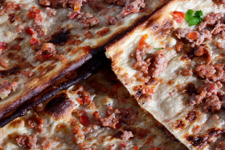 Turkish Pizza. Turkish food minced pide. Konya Meat Bread Kebab.