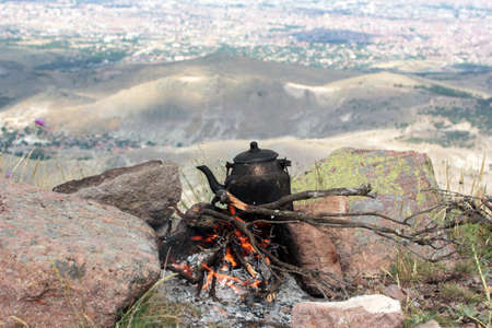 Making tea on the mountain topの写真素材