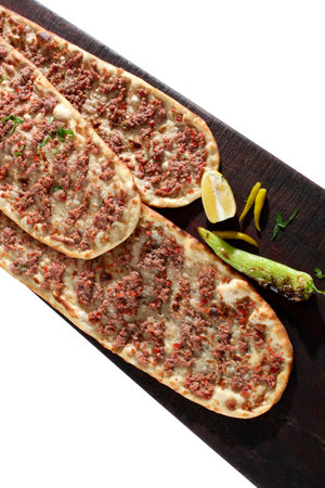Turkish traditional minced meat pide. Turkish pizza, Etliekmek.の写真素材