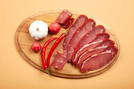 Beef pastrami sliced. Turkish bacon, pastrami ( Kayseri pastrami )の写真素材