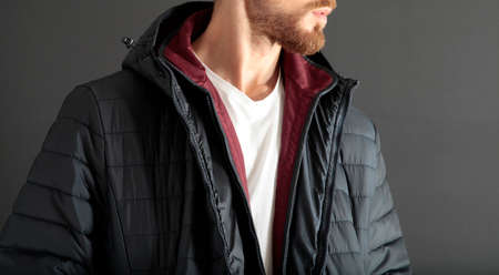 Navy blue down jacket. Men's clothing.の写真素材