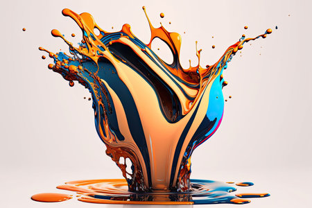 Splash of orange and blue liquid. 3d rendering, 3d illustration.の素材