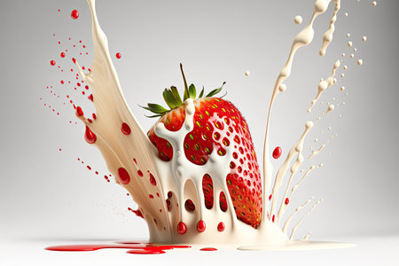 Strawberry with milk splash on white background. 3d illustrationの素材