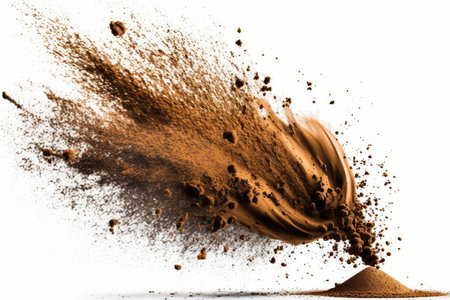 Explosion of brown powder isolated on white background. 3d renderingの素材