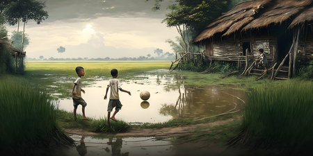 Two boys playing with a ball in a rice field in the countryside.の素材
