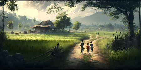 Two boys walking through rice fields with a hut in the background.の素材