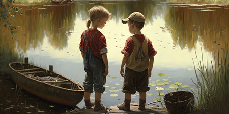 Two boys are fishing on the lake in the forest. They are looking at each other and smiling.の素材