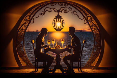 Romantic dinner on the beach. Silhouette of a couple sitting at a table with wineglasses and a lamp.の素材