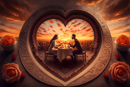 Romantic dinner in the shape of a heart with a man and a woman.の素材