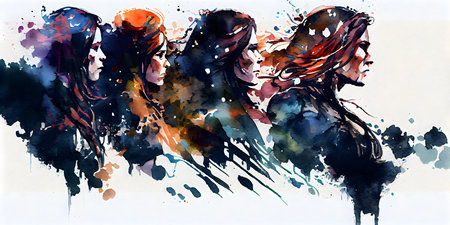 Abstract watercolor painting of a pair of women in black and redの素材