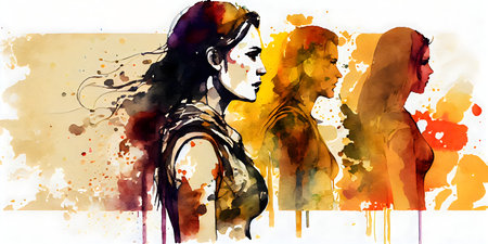 Watercolor silhouette of a beautiful young woman with long hair. Fashion illustration.の素材