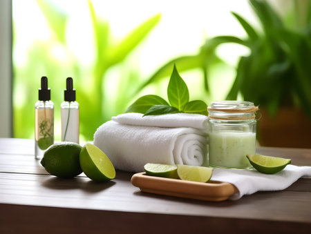 Spa still life with lime, essential oil and towel on wooden tableの素材