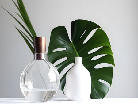 Bottle of perfume with tropical leaf on white background. Minimal style.の素材