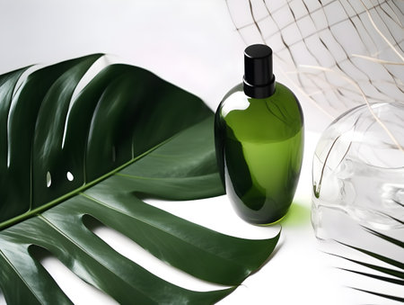 bottle of perfume and monstera leaf on white background, 3d renderの素材