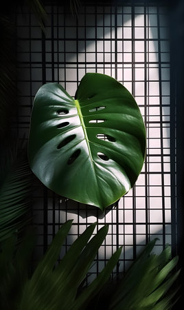 Tropical Monstera leaves in dark room with sunlight and shadowの素材