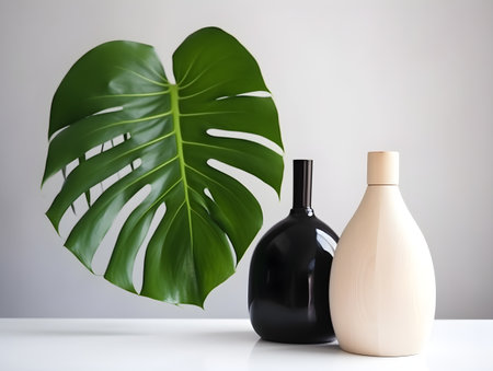 Bottles of perfume and monstera leaf on table against grey backgroundの素材