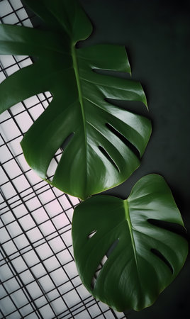 Tropical Monstera leaves on black background with copy space.の素材