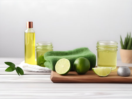 Spa still life with lime and essential oil on white wooden backgroundの素材