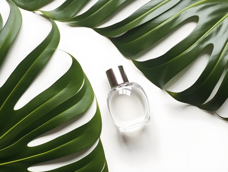 Bottle of perfume with tropical leaves on white background, flat layの素材