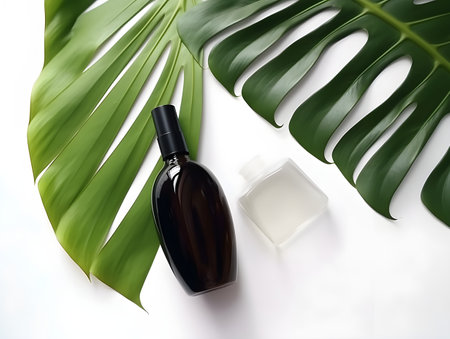 Bottle of shampoo and monstera leaf on white background, top viewの素材