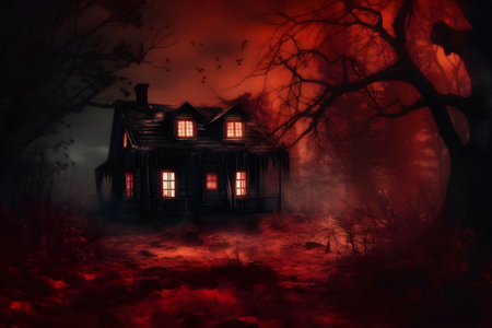 Halloween background with haunted house in the forest. 3d renderingの素材