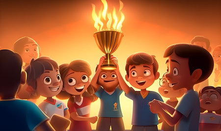 Group of happy children holding a winning trophy. 3D illustration.の素材
