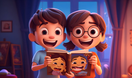 Boy and girl reading a book in the room. 3d renderingの素材