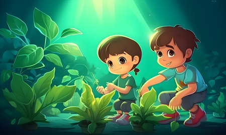 Boy and girl planting plants in the garden. Vector cartoon illustration.の素材