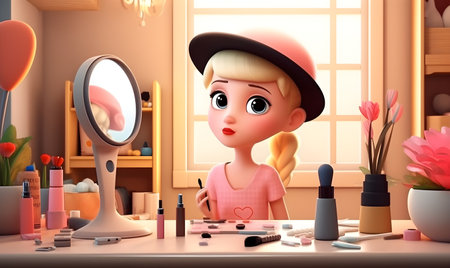 Little girl doing make up in front of a mirror. 3d renderingの素材