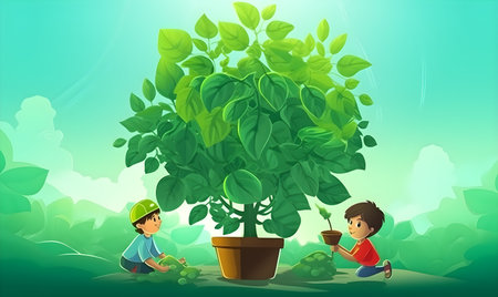 Two children planting a tree in the garden. Cartoon vector illustration.の素材